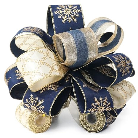 Traico 11 sq. X'Mas Tree Topper Bow with 4 Tails (3 Yards Long Each) Royal Navy Blue and Gold Snowflake for Christmas D'ecor Wreath Luxury Gift