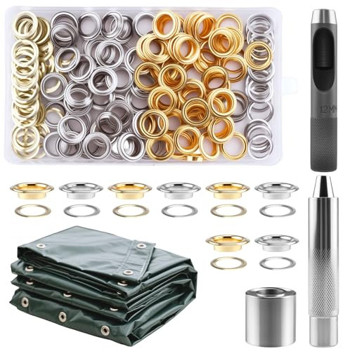 Foydream 120 Piezas Ojales Metalicos, 12 mm Kit de Remachadora Ojales con Caja de Almacenamiento, Herramienta de Ojales para Lonas, Toldos, Ropa, Cuero, Telas, Bolsos y Cortinas (Oro, Plata)