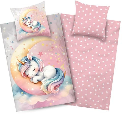 Aminata kids Kinderbettwäsche 135x200 Baumwolle Mädchen Einhorn Motiv Kinder-Wende-Bettwäsche-Set rosa Mond & Sterne, Regenbogen