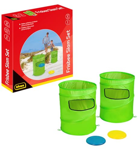 Idena 40381 - Wurfspiel Slam Set Outdoor, 2 Faltbare Zielkörbe, 1 Blaue und 1 gelbe Wurfscheibe ⌀ 20 cm, Größe 48 x 38,5 cm, für Erwachsene und Kinder ab 6 Jahren