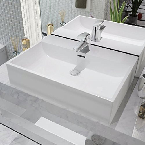 Waschbecken mit Hahnloch Keramik Weiß 60,5x42,5x14,5 cm, Snsowed Aufsatzwaschbecken, Bathroom Sink, Waschtisch, Aufsatzbecken, Ablaufgarnitur - 142347