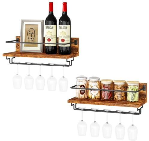 IBUYKE Portabottiglie da Parete,Porta Vino in Legno,Set da 2,Porta Calici da Parete,Multifunzione Mensola Parete per Cucina, Sala da Pranzo, Bar, Marrone Rustico TMJ910H