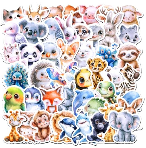 Barlone Tier Sticker Set für Kinder, 50 Stück Vinyl Stickers, Aquarellen Tiere Aufkleber Kinder Tiersticker für Skateboard Gepäck Aufkleber Scrapbook Laptop Trinkflasche