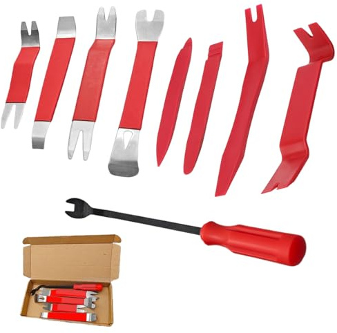 DIFLAX 9 Ensembles D'outils de Démontage Automobile 5 Cales en Métal pour Garnitures Outil de Levage 4 Leviers en Plastique Kit de Réparation Automobile pour Panneaux Porte Garniture (Rouge)