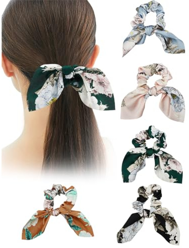 BEAMARKER 5 Stück Elastische Haargummis Mit Schleife Modischer Druck Haarschal Scrunchies Für Damen Langlebige Zöpfe Pferdeschwanzhalter Vintage nmuster Weich Elegant Schleife Scrunchies Für Frauen