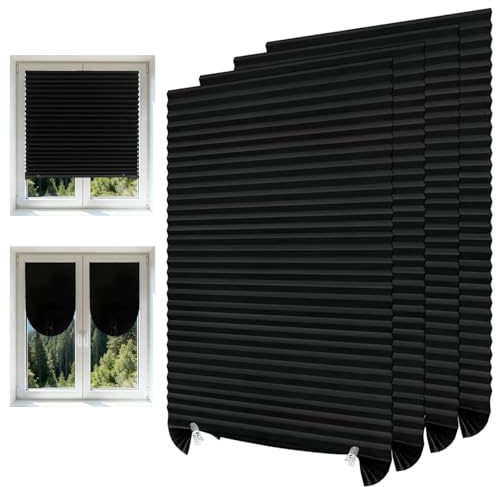 4 PCS Temporary Blinds for Windows, No Drill Self Adhesive Stick on Blinds, Easy to Cut and Fit Light Filtering Blackout Shade, Temporary Blind for Bedroom Kitchen Bathroom (Black, 60 * 150cm)