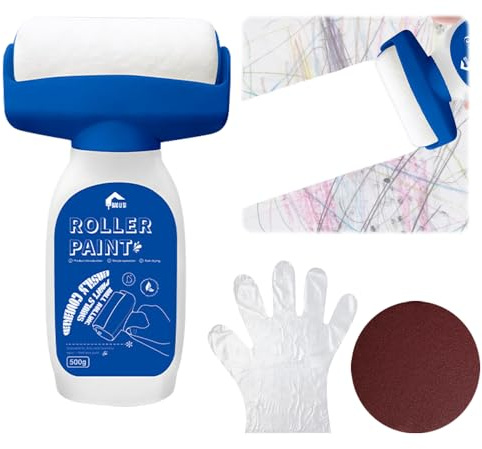Wall Repair Roller Paint White, 500g Wall Repair Roller Brush with Gloves Sandpaper, Quick-Drying White Paint for Wall, Portable Wall Repair Roller for Graffiti Scratches, Stains, Wall Scratches
