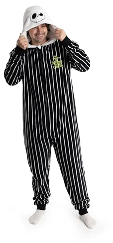 Disney The Nightmare Before Christmas Jack Skellington Unisex Black Onesie | Hooded Zip-Up Loungewear in Striped Fleece