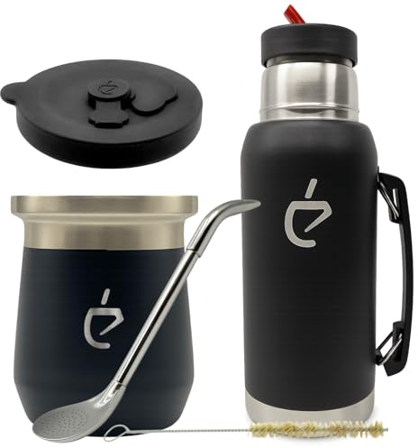 Coffret Yerba Maté Un Mate MateGo Kit Complet Thermolid DualFlow PRO Obsidian Black – bouteille isotherme 1000 ml, Tasse Isotherme 230 ml, Bombilla, Brosse, Coffret Cadeau Premium (Noir)