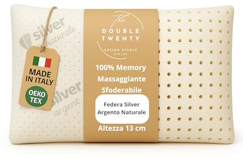 Double Twenty Cuscino Cervicale Memory Altezza 13 cm 72x42 cm - Federa Silver Argento Naturale Antibatterica - Ergonomico Massaggiante Sfoderabile Antiacaro - Made in Italy