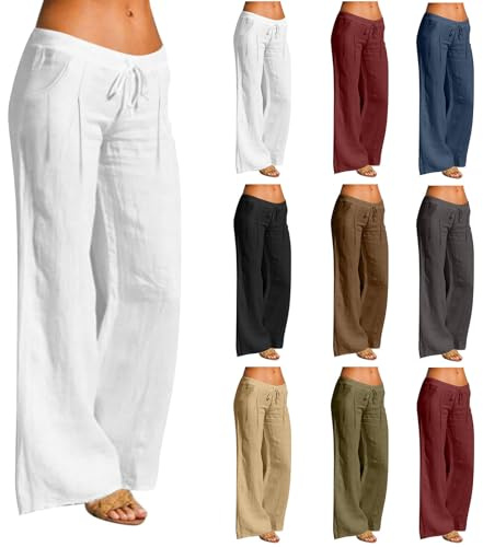 Pantalon Lin Femme Été Large Pantalons Coton en Lin Chic et Elegant Confortable Respirant Jogging Pant Taille Haute Coupe Droite Fluide Pantalon Larges Ample Femmes Palazzo Pants de Plage Loisirs