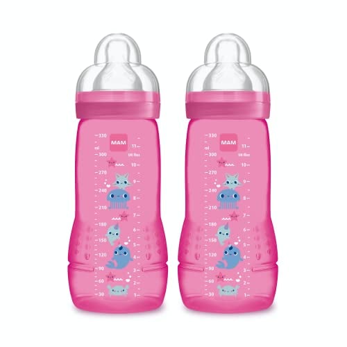 MAM Babyflasche, zweites Alter von 6 Monaten, Flusssauger, 330 ml X 2er-Set, Rose, 4014795