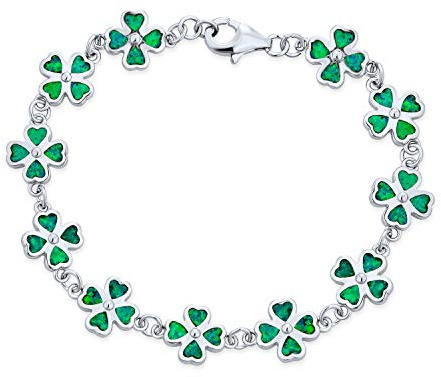 Bling Jewelry Erstellt Opal Inlay Grün Kleeblatt Irish Lucky Klee Blatt Herz Geformt Link Charm Armband Für Frauen .925 Sterlingsilber