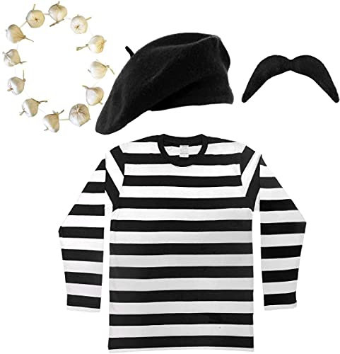 Französischer Mann-Kostüm, Verkleidung mit schwarz-weiß gestreiftem Oberteil, roter oder schwarzer Baskenmütze, schwarzem Schnurrbart und einer Girlande aus Zwiebeln/Knoblauch