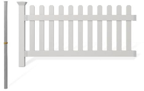 3ft H x 6ft W (1 Panel + 1 Post) No Dig WamBam Newport Fence Kit, White Vinyl Picket Fence, Easy Install Outdoor Fence for Backyard or Patio, DIY Decorative Fencing, ZP19002
