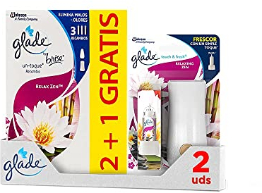 Glade® By Brise Ambientador Un Toque Fragancia Relax Zen, Elimina los malos olores, Hasta 10 veces más frescor - 1 Disfusor + 3 Recambios de 11ml, El embalaje puede variar