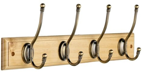 Hiatt Hardware Lot de 4 Crochets Porte Manteau en Laiton Vieilli sur Bois de Pin