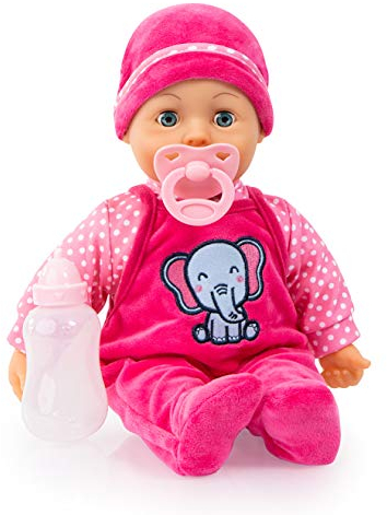 Bayer Design 93824CA, Puppe Sweet Baby 38cm, Babypuppe, Weichkörper, Schlafaugen, inkl. Flasche und Schnuller, rosa, pink, gepunktet mit Elefant