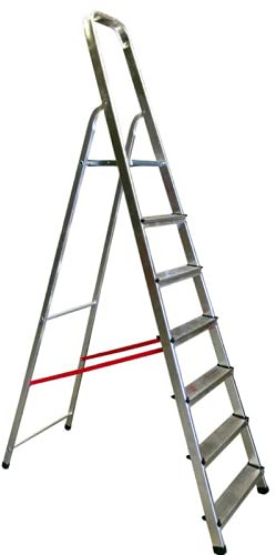 Escalera de Aluminio doméstica Ligera y Resistente, Apertura en Tijera, Plegable, con Cinta de Seguridad y peldaños de 8cm Antideslizantes, 7 PELDAÑOS. Uso Profesional.