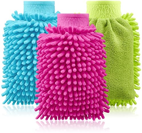com-four® 3x Guanto da lavaggio per auto e casa - guanto in microfibra - guanto per la pulizia per la cura dell'auto e altro (3 pezzi: blu/rosa/verde neon)