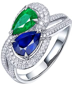 Daesar Weißgold Ring 750 Damen, Verlobungsring Tropfen mit 1.29ct Saphir und 0.86ct Smaragd Trauring Nickelfrei mit Diamant Gr.57 (18.1)