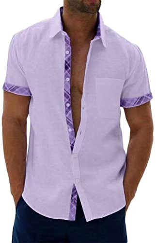 Onsoyours Chemise Homme Manches Courtes Business Regular Fit Carreaux Imprimé Plage DéContracté Poche-Avant Tops Blouse Z1 Violet XL