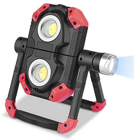 PJDDP Projecteur LED Rechargeable, Rotation à 360° Lampe LED Chantier Portable, Floodlight de Camping Lumière d'urgence Étanche Exterieur pour Réparation de Voiture, Chantier, Garage,Rouge