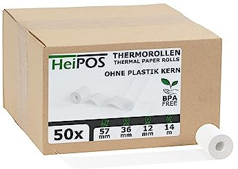 HeiGroup - HeiPOS 50x Thermorollen ohne Plastikkern - 57mm x 14m, Rollen Ø 36mm, Kern Ø 12mm, Flächengewicht 52 g/m2, Dicke 60 µm, 10 Jahre Haltbarkeit