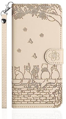 Butnyeoe Flip Case for iPhone 12 Pro Max,Cat/Flower/Butterfly Embossed PU Leather Wallet Phone Folio Case Magnetic Protective Cover with Stand Function and Card Slots,Beige/Khaki