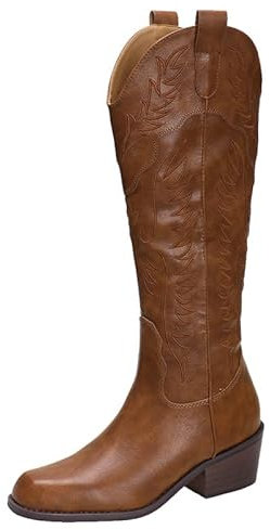 Stivali da Donna, Stivali Western con Tacco Grosso con Punta a Punta Ricamata Stivali da Cavaliere da Equitazione con Cerniera Laterale Vintage da Cowboy ,Marrone,40 EU