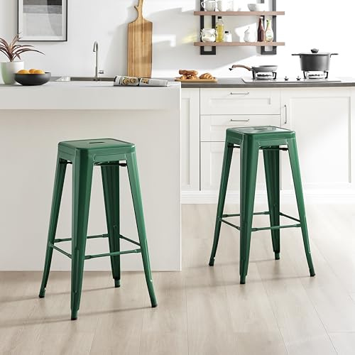 Furniturebox UK Colton 2x Dark Green Metal Bar Stools for Kitchen Or Dining Room Tolix Inspired Design Steel Powder Coated Stackable Lightweight Mid Century Bistro Cafe Industrial Stool Set of 2