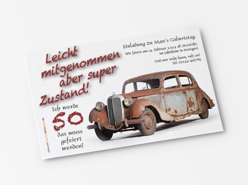 10x Einladungskarten zum Geburtstag Oldtimer Herbie - witzige Einladungskarten zum Geburtstag (Rostlaube)