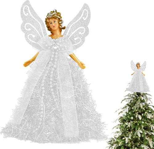 Aizuoni Weihnachtsbaum-Engel-Topper - Weihnachtsengel Baumwipfelfigur - 20,3 cm Zarte Engelsstatue, Baumspitze Für Innenbüro-Baumschmuck Batteriebetriebe LED Beleuchtete Baum-Spitzenengel Figur