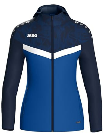 JAKO ICONIC Kapuzenjacke Gr. 42 Royal/Marine - Zipper Hoodie Damen, Bequeme Sweatjacke mit Keep Dry Funktion aus 100% recyceltem Polyester