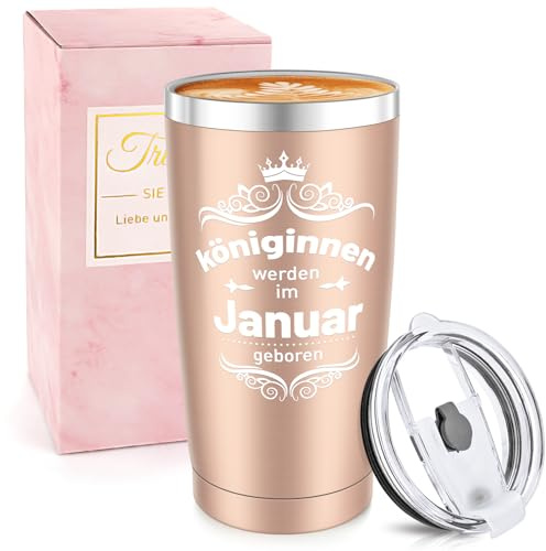 Miofula Tasse Geburtstagsgeschenk für Frauen, 20oz Travel Mug Lustig Geschenke für Mama, Freundin, Tochter, Schwester, 600ml Edelstahl Thermobecher, Kaffeebecher-Königinnen Werden im Januar Geboren
