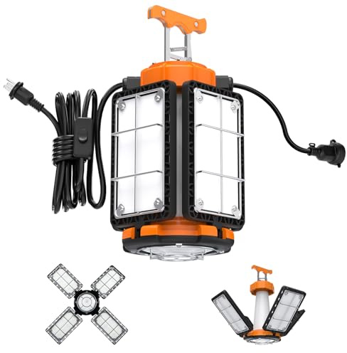LED Temporary Work Light: 100W 15000Lumen with Brightness Adjustable Switch, 4 Deformable Panels Linkable Hanging Work Light, Portable 5000K Led Work Light for Workshop Construction Site Garage