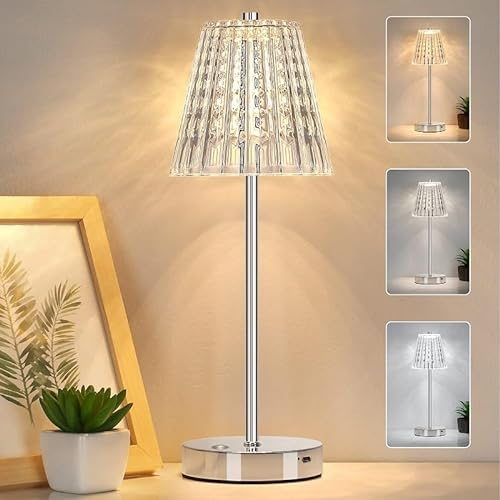 Rechargeable Crystal Table Lamp,Diamond Crystal Cordless Beside Lamp,3 Color Modes Stepless Dimmable LED Touch Lamp,Vintage Lamp for Bedroom Living Room Restanrant Indoor Outdoor (Silver)