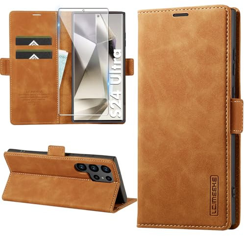 Cover per Samsung Galaxy S24 Ultra con 1 Vetro Temperato, Custodia Flip in Pelle per Samsung Galaxy S24 Ultra, Caso in PU Pelle Premium Portafoglio Custodia Chiusura Magnetica, Kickstand, Marrone