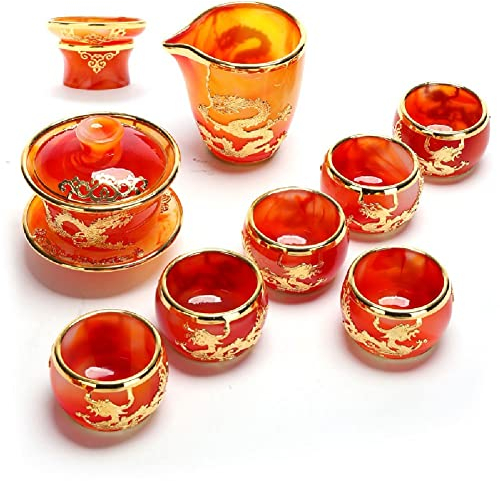 DOOKAA Set da Te Set Te Set da tè Kung Fu Cinese con Servizio da tè Set da tè Kung Fu smaltato in Oro intarsiato con Coperchio in Argento Ciotola Tazza da tè Justice Cup Set Completo(Color:4,Size:)