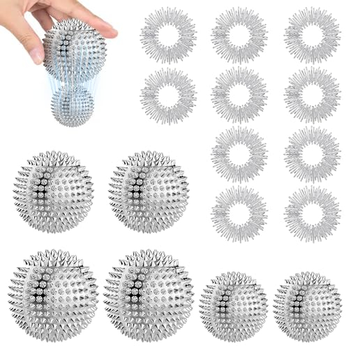 FYSL 6 Stück Magnetic Acupressure Balls & 10 Stücke Massageringe für Finger, Spiked Massage Ball, Igelball Massage, Magnetische Akupressurkugeln für Stress Relief oder Massage (Sliver)