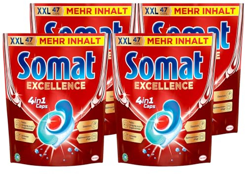 Somat Excellence 4in1 Caps, 188 Caps (4x 47 Caps), schnellauflösende Spülmaschinentabs, Somat Caps für exzellente Reinigung & Glanz sogar im Eco-Programm & bei niedrigen Temperaturen