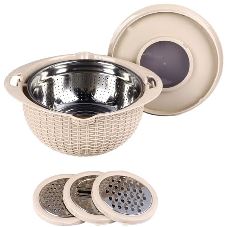 Colador 4 en 1 de Acero Inoxidable con Tazón Giratorio de 12.2in Beige | Set con Tapa y 3 Ralladores para Frutas, Verduras y Pasta, Base Antideslizante