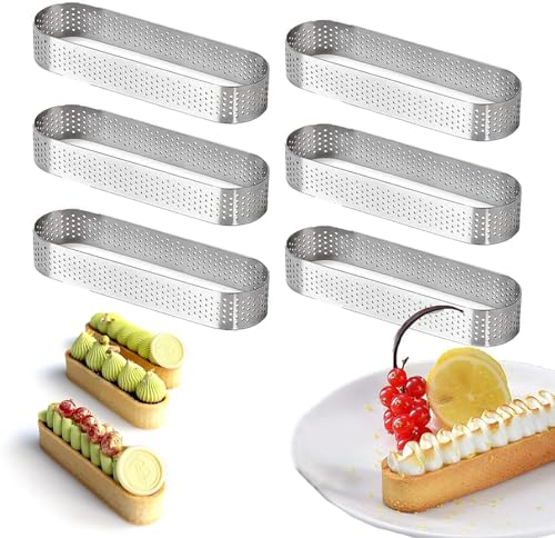 Xanewza Cercle à Tarte Anneau à Tarte de Pâtisserie, Lot de 6 Moule Tartelette en Acier Inoxydable en Ovale Forme, Résistants à la Chaleur, Perforés pour Gâteaux en Mousse(13 * 4 * 2cm)
