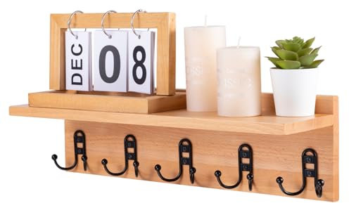 Edergoo Wooden Coat Rack with 5 Double Hooks & Shelf, Wall Mounted with All Fixings Included