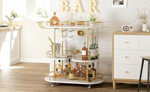 Litake Servierwagen Gold mit Rollen - 3-stöckiger Rollwagen, Küchenwagen Schmal mit Metallrahmen und Holzregal Barwagen Weinwagen Küchenrollwagen für Küche, Esszimmer, Bar, 87 x 40 x 94 cm