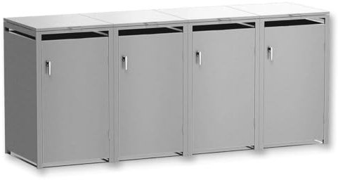 Metzler Mülltonnenbox in Graualuminium RAL9007 4er Tonnen, Kapazität bis 240L, witterungsbeständiger und pulverbeschichteter Stahl mit Automatikdeckel, abschließbar, Garten- und Müllbox für 4 Tonnen