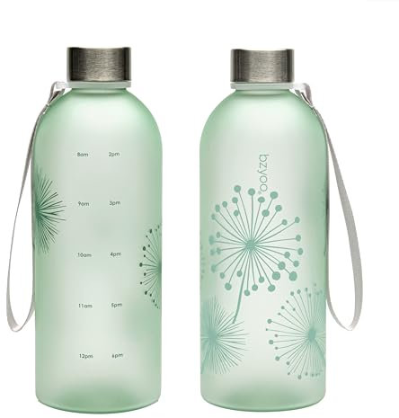 bzyoo Botella de agua transparente de 32 onzas con marcador de tiempo, diseño de diente de león, plástico duradero, sin BPA, reutilizable, con marcas de medición para fitness y actividades al aire