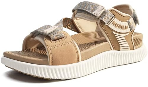 KuaiLu Sandales Randonnée Sandales d'extérieur Confort Orthopédique Soutien Voûte Plantaire Réglables Sandales Trekking Cuir Légères Ouvertes Sandales Marche Antidérapantes Beige 38.5