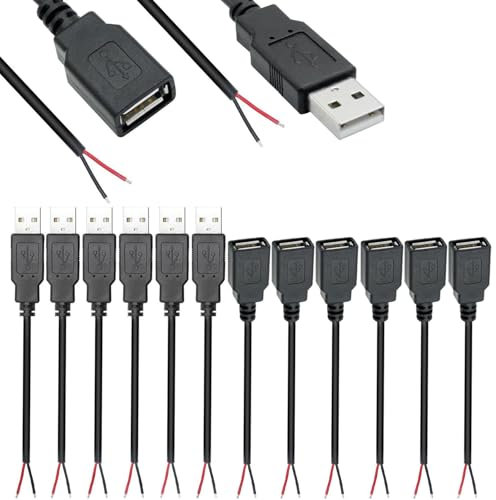 RUNCCI-YUN 12 Pieces USB A Pigtail Kabel 5V / 2A USB 2.0 Power blankes Kabel Pigtail 22 AWG USB 2.0 Plug Socket 2-Pin Wire stecker löten DIY Pigtail Cable for USB Devices Repair DIY Cable(30 cm)