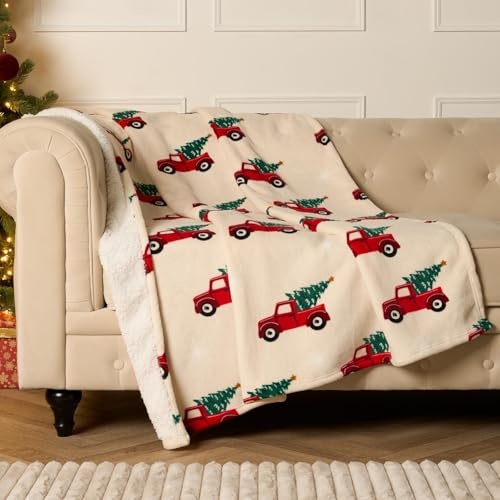 OHS Christmas Blanket Sofa Throw, Christmas Decorations Fleece Blanket for Bed Settees Armchairs Super Soft Warm Sherpa Reversible Single Bed Throw Gifts for Adult Kids, Cream, 125 x 150cm